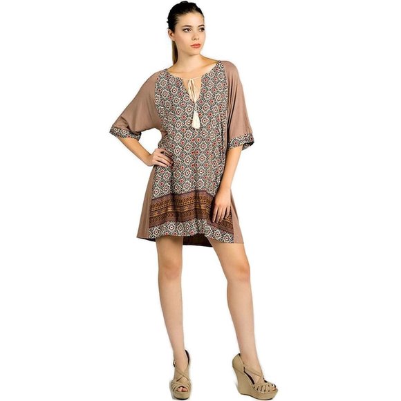 Kori America Mixed Print Tassel Tie Dress, Taupe - Picture 1 of 3